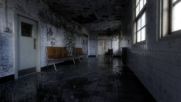 Dirty grungy corridor in an old abandoned asylum or hospital. Horror concept 3D illustration. - Valokuva, kuva