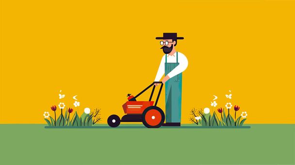 Lawn mowing landscaping service, strong and efficient man mowing the lawn for a professional gardening experience.  - Vector, Imagen