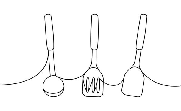 Kitchen utensils one line continuous drawing. Kitchen spatula, ladle continuous one line illustration. Isolated on white background - Vector, afbeelding