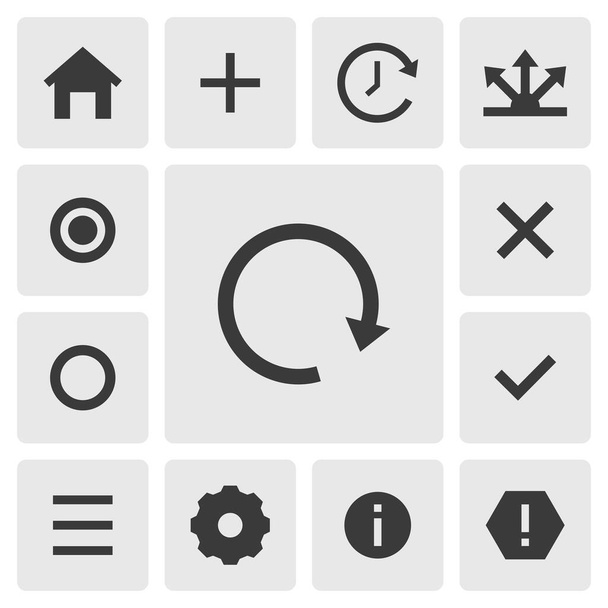 Aktualisieren Sie das Icon-Vektordesign. Einfaches Set von Smartphone-App-Symbolen Silhouette, solides schwarzes Symbol. Das Konzept der Anwendungssymbole für Telefone. Aktualisieren, neu laden, home, hinzufügen, vor kurzem, teilen, Menü, Setzen von Symbolen Tasten - Vektor, Bild