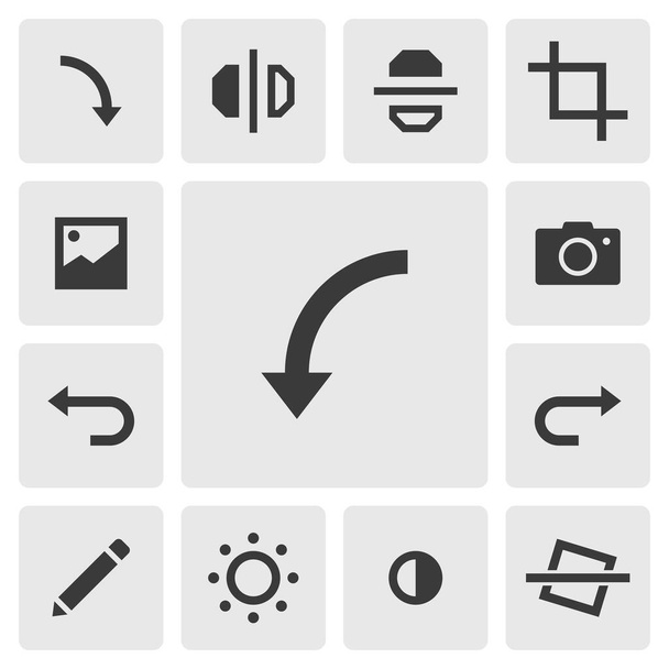 Forgassa el a bal ikon vektor kialakítását. Egyszerű képszerkesztő alkalmazás ikonok sziluett, szilárd fekete ikon. Telefonos alkalmazás ikonok koncepció. Forgassa a bal, jobb, flip, vágás, szerkesztés, billenés, visszavonása redo ikonok gombok - Vektor, kép