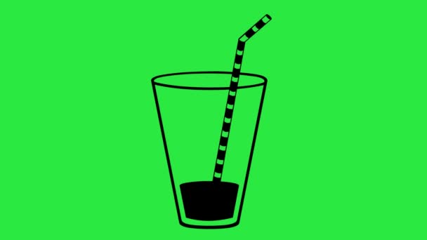 video animatie zwart pictogram van glas en een rietje legen, op een groene chroma key achtergrond - Video