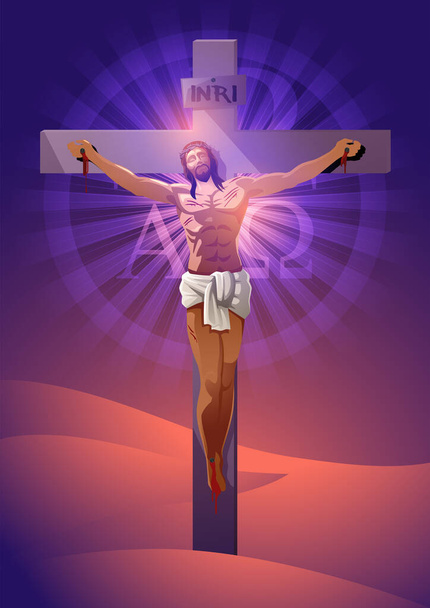 Векторна ілюстрація Ісуса на хресті, одягнена в корону з колючок, прикрашену прекрасним символом Альфа і Омега. - Вектор, зображення