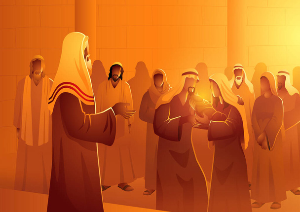 Спустя сорок дней после рождения Иисуса, Мария и Иосиф принесли Его в храм в Иерусалиме - Вектор,изображение