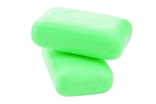 Two green toilet soap isolated on a white background. File contains clipping path - 写真・画像