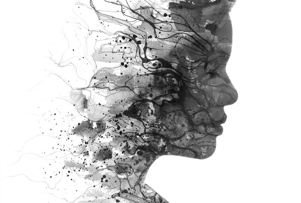 A black and white portrait of a womans profile combined with abstract curve pattern and paint stains in a paintography technique - 写真・画像