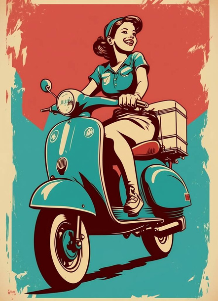 Cartel retro vintage, mujer en ciclomotor. Cartel publicitario 50, 60, venta de café. Cartel grunge. Vector - Vector, imagen