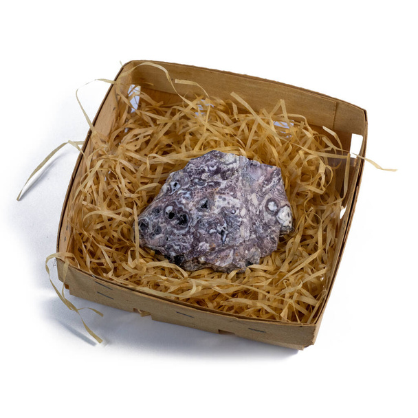 Pelitic Schist Rock in kleine mand geïsoleerd op witte achtergrond close-up - Foto, afbeelding