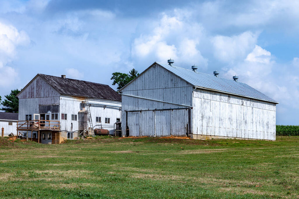 farm house with field and silo in beautiful landscape - Фото, зображення