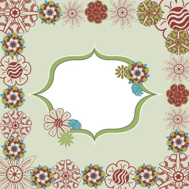 Green floral doodle retro frame in vector. - Vetor, Imagem