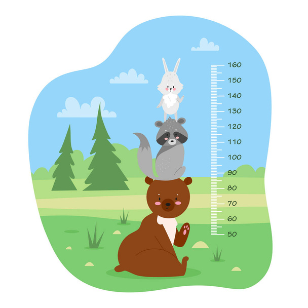 Kids height chart, ruler with millimeter scale to measure growth of child vector illustration. Cartoon funny tower of raccoon, rabbit and bear sitting on green summer meadow, in cute landscape - Вектор, зображення