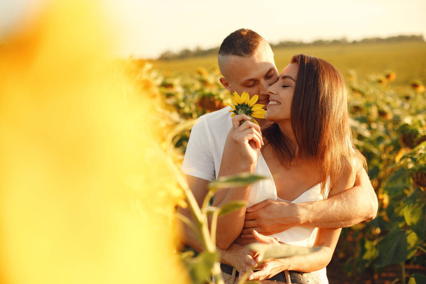 Young loving couple is kissing in a sunflower field. Portrait of couple posing in summer in field. - 写真・画像