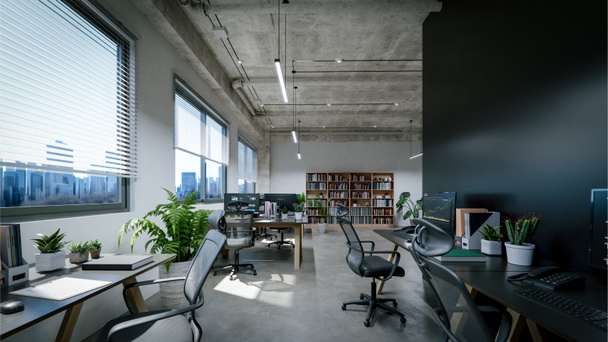 Интерьер современного офиса с облицованным бетонным потолком и полом. 3d-рендеринг - Фото, изображение