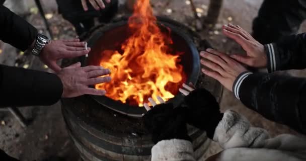 Illegal refugees or tourists warm hands in fire of barrel. Warming up in nature on cold nights - Materiał filmowy, wideo