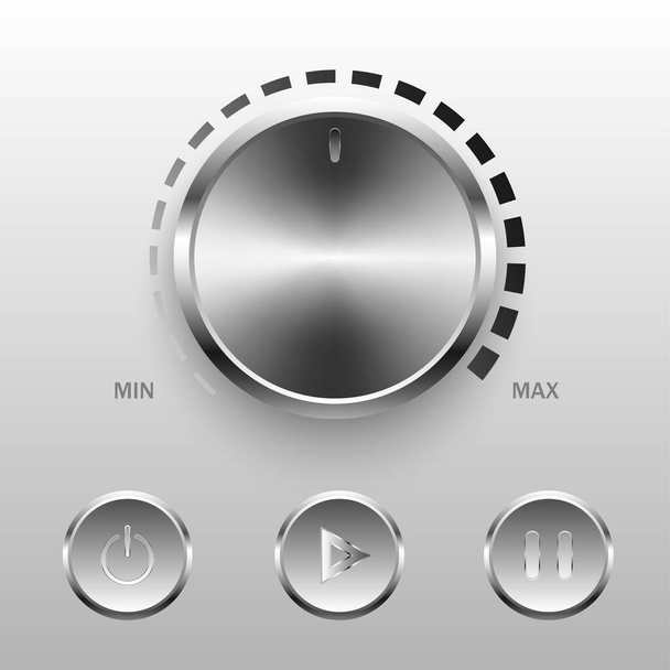 four button setLarge stainless steel circular volume switch with a reflective shine There is a line on the outsidemedium push button There is an icon in the middle. gray gradient background - Vektor, Bild