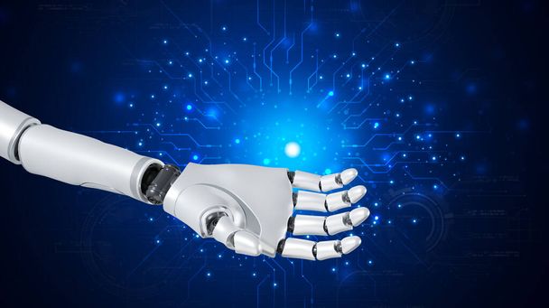 Roboty są asystentami dla zapewnienia dostępu do rozwoju danych biznesowych w sieci online, Aplikacja Robot i globalne połączenie, AI, Sztuczna inteligencja. - Zdjęcie, obraz