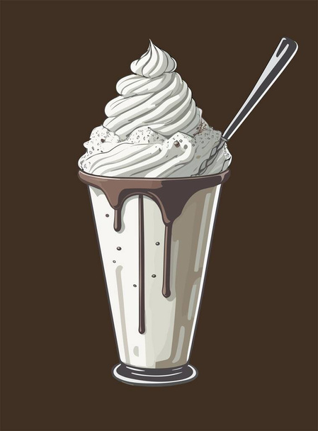 Coffee frappe, glase, milk shake, iced coffee with whipped cream and chocolate in tall glass. Vintage cartoon style vector illustrations isolated on black background. - Vetor, Imagem