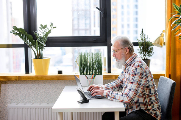 aged man checking social media and reading news or shopping online while sitting at home. confident senior gray-haired male in casual shirt sit in cozy bright room websurfing, working, studying - Fotoğraf, Görsel