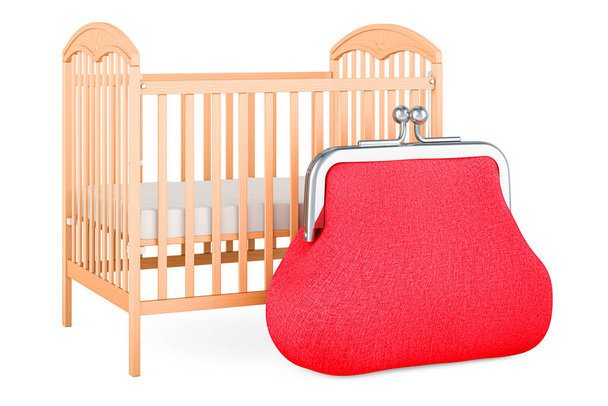 Vauvasänky, vauvansänky ja käsilaukku. 3D renderöinti eristetty valkoisella taustalla  - Valokuva, kuva