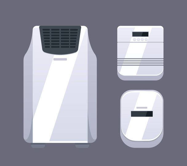 Очищувач повітря ізольовано на сірому тлі. Пристрій для очищення і зволоження повітря для дому. Процес очищення повітря, кліматичне обладнання, електроприлади для дому. Мультфільм Векторні ілюстрації
 - Вектор, зображення