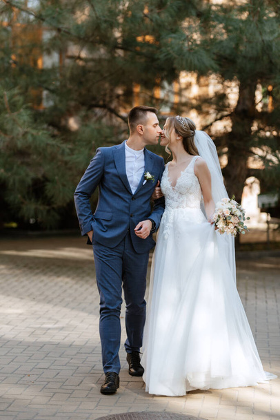 newlyweds walk in the city near old buildings against the backdrop of trees and pines - Foto, immagini