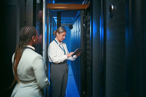 Let me pull up the data. two young IT specialists standing together in the server room - Foto, Imagen
