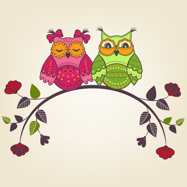 Two beautiful owls on a branch with flowers - Vektör, Görsel