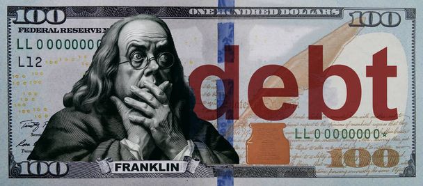 Humoristinen muotokuva, parodia sadan dollarin setelistä Yhdysvalloista, jossa on yllättynyt muotokuva Franklinista ja otsikko "velka". - Valokuva, kuva