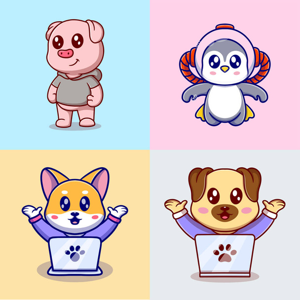 Different types of vector cartoon animals for stickers. Vector illustration of funny cartoons of different animals breeds in trendy flat style. - Vektor, kép