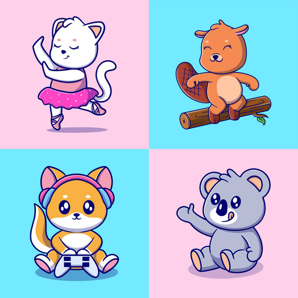 Different types of vector cartoon animals for stickers. Vector illustration of funny cartoons of different animals breeds in trendy flat sty - Вектор, зображення