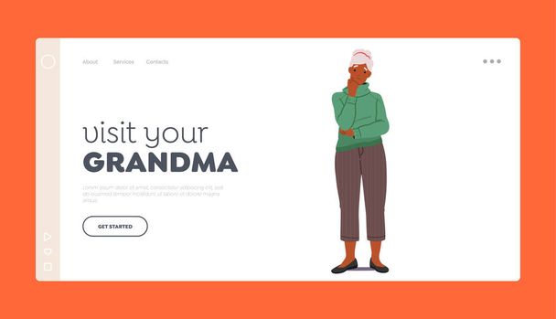 Visit your Grandma Landing Page Template. Contemplative Senior Woman With A Reflective Expression, Portraying Wisdom, Experience, And A Deep Sense Of Thoughtfulness. Cartoon People Vector Illustration - Vector, Image