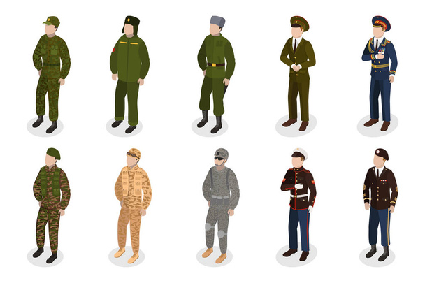 3D ізометричний плоский векторний набір військовослужбовців, символи в уніформі
 - Вектор, зображення
