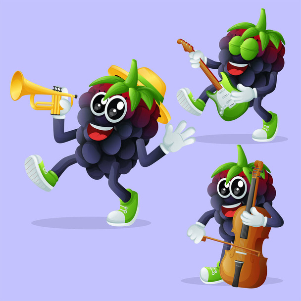 Set of cute blackberry characters playing musical instruments. Perfect for kids, merchandise and sticke - Vettoriali, immagini