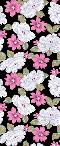 A beautiful abstract floral design with colourful trendy flowers and leaves for apparel design. Seamless pattern with fantasy flowers, natural wallpaper, floral decoration curl illustration. apparel print hand drawn elements.  - Foto, afbeelding