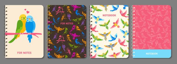 オウムの熱帯漫画の流行のノートブックカバーセット。メモ帳プランナー、パンフレット、本、カタログのための夏の明るいエキゾチックな鳥のデザイン。装飾的なハワイのジャングルのレイアウトページの印刷テンプレートポスター - ベクター画像