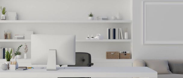 Diseño interior de una moderna oficina blanca contemporánea con escritorio de computadora, sofá, estantes incorporados y decoración. 3d render, ilustración 3d - Foto, imagen