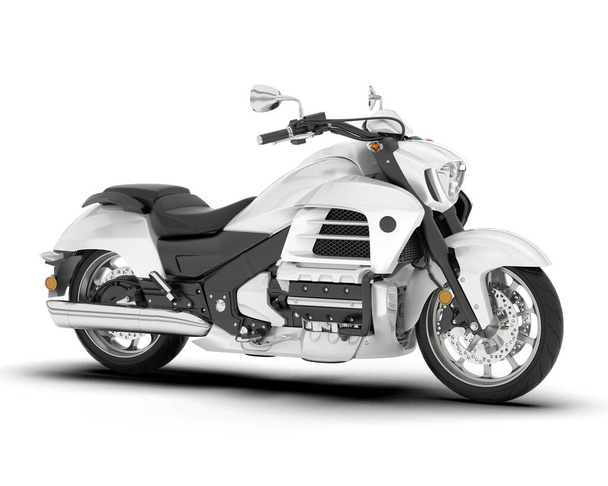 Valkoinen moottoripyörä eristetty valkoisella taustalla. 3d-renderointi - kuvitus - Valokuva, kuva