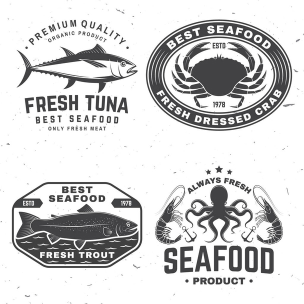 Set of best seafood badges. Fresh tuna, trout, shrimp, dressed crab. Vector illustration. For seafood emblem, sign, patch, shirt, menu restaurants, fish markets, stores with tuna, trout shrimp octopus - Wektor, obraz