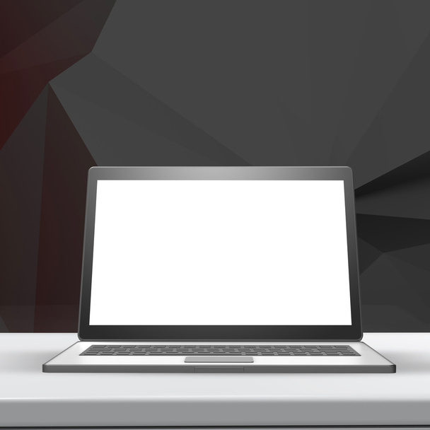 Laptop met leeg scherm op laminaat tabel en laag poly geometri - Foto, afbeelding