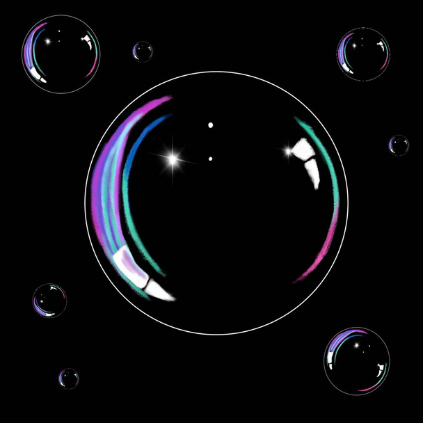 Burbujas de jabón realistas con arco iris reflexión conjunto aislado sobre un fondo negro, dibujar, pintar - Foto, imagen