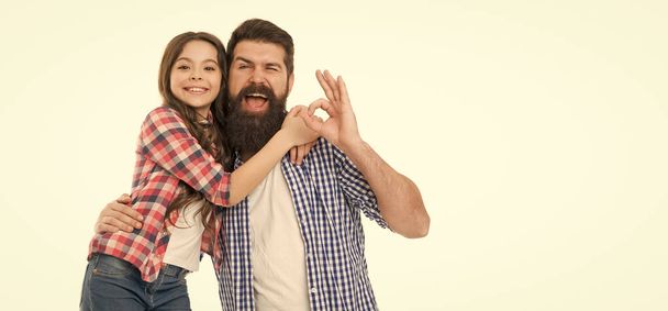 If happy give ok. Father and little daughter smiling with ok gesture. Bearded man and adorable girl gesturing ok. Happy father and small child showing ok sign. - Fotó, kép