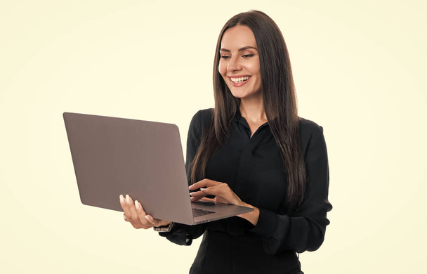 Happy businesswoman manager using laptop running business online studio isolated on white, business. Smiling girl boss ceo surfing Internet on laptop device making digital marketing online. - Photo, Image