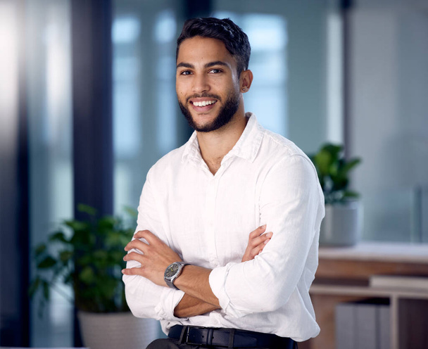 Portrait, smile and man with arms crossed, business owner and employee with startup success, opportunity and creative. Face, male person and entrepreneur with confidence, professional and career. - Photo, Image