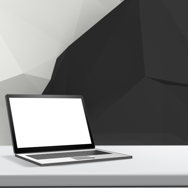 Laptop con schermo bianco su tavolo laminato e geometri a basso poli
 - Foto, immagini