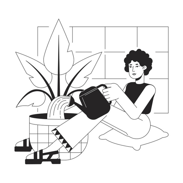 Watering plant bw vector spot illustration. Curly hair woman sitting with pot 2D cartoon flat line monochromatic character for web UI design. Gardening houseplant editable isolated outline hero image - Διάνυσμα, εικόνα