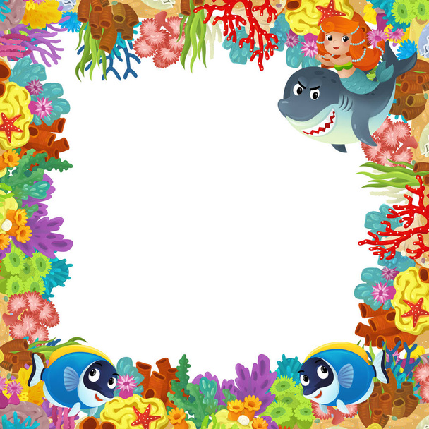 cartoon scene with coral reef and happy fishes swimming near mermaid princess isolated illustration for kids - Фото, зображення