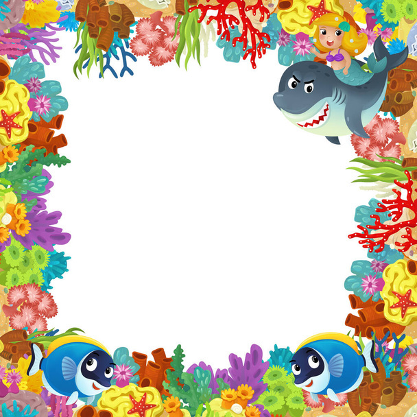 cartoon scene with coral reef and happy fishes swimming near mermaid princess isolated illustration for kids - Photo, Image