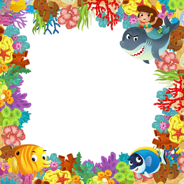 cartoon scene with coral reef and happy fishes swimming near mermaid princess isolated illustration for kids - Foto, immagini