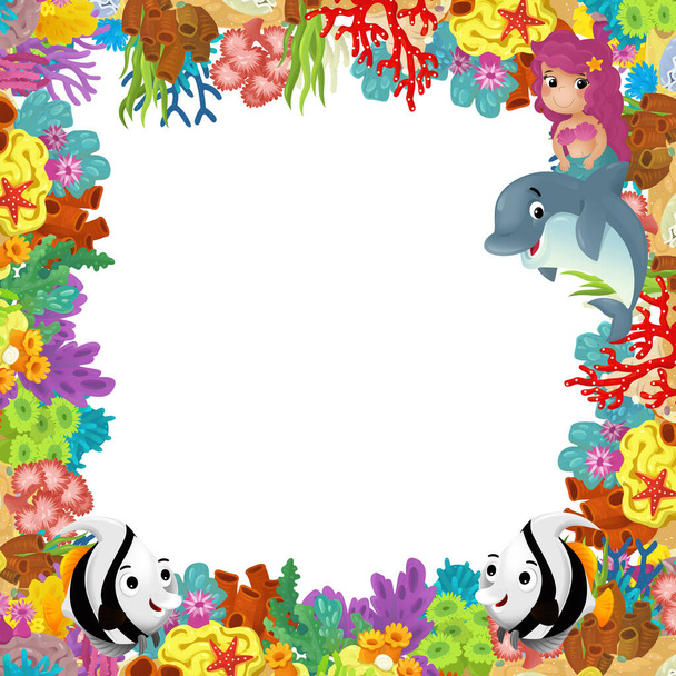 cartoon scene with coral reef and happy fishes swimming near mermaid princess isolated illustration for kids - Photo, image