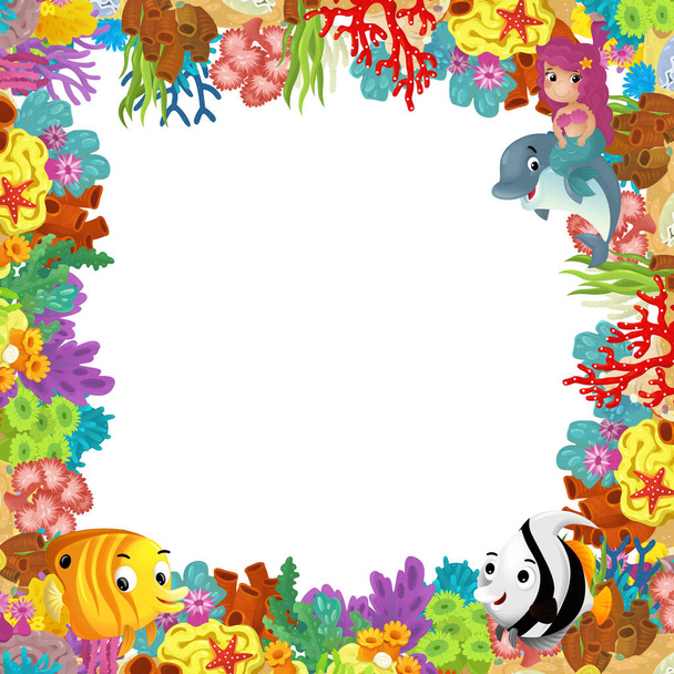 cartoon scene with coral reef and happy fishes swimming near mermaid princess isolated illustration for kids - Foto, Bild